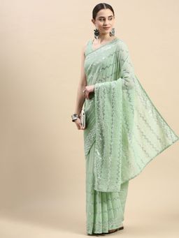 VAIRAGEE - Green Sequence Embroidery Soft Georgette Saree with Unstitched Blouse