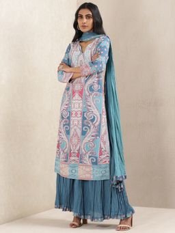 Ritu Kumar - Blue Printed Kurta with Sharara and Dupatta (Set of 3)