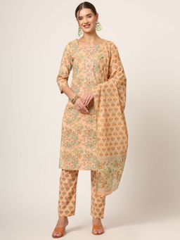 Divena - Peach Floral Print Cotton Kurta with Pant and Dupatta (Set of 3)