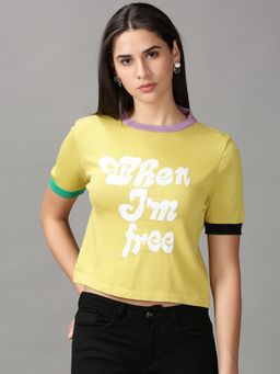 SHOWOFFFF - Womens Round Neck Printed Mustard Regular T-Shirt