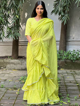 Chidiyaa - Jugnu Heer Lime Green Mulmul Cotton Saree with Stitched Blouse