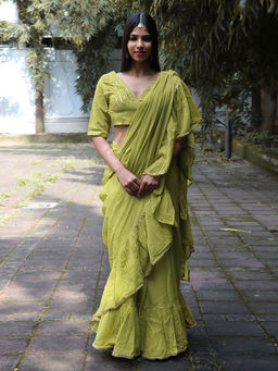 Chidiyaa - Jugnu Sparkle Pear Green Mulmul Cotton Saree with Stitched Blouse