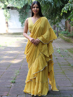 Chidiyaa - Jugnu Sunflower Yellow Mulmul Cotton Saree with Stitched Blouse