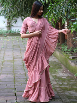 Chidiyaa - Jugnu Rosewood Mulmul Cotton Saree with Stitched Blouse