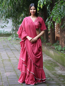 Chidiyaa - Jugnu Ray Rose Mulmul Cotton Saree with Stitched Blouse