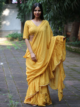 Chidiyaa - Jugnu Ember Mustard Mulmul Cotton Saree with Stitched Blouse