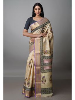 Unnati Silks - Beige Pure Handloom Bengal Tusshar Silk Saree with Unstitched Blouse