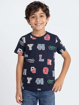 Allen Solly - Boys Navy Blue Regular Fit Graphic Print Crew Neck T-Shirt