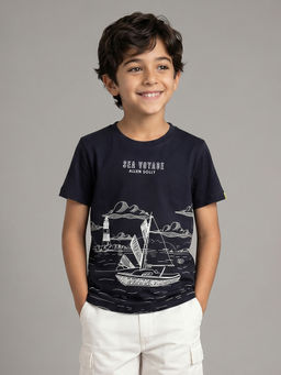 Allen Solly - Boys Black Regular Fit Graphic Print Crew Neck T-Shirt