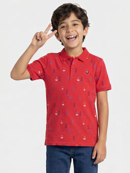 Allen Solly - Boys Red Regular Fit Print Polo Neck T-Shirt