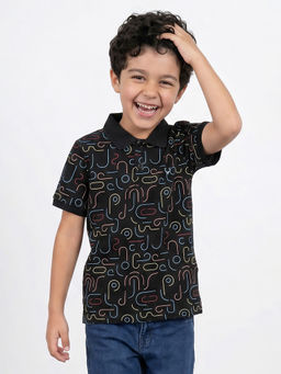 Allen Solly - Boys Black Print Polo Neck T-Shirt