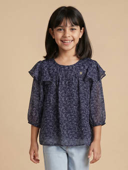 Allen Solly - Girls Navy Blue Floral Print Casual Top