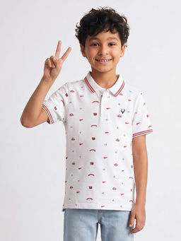 Allen Solly - Boys White Print Collar Neck Polo T-Shirt