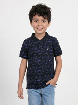 Allen Solly - Boys Black Print Collar Neck Polo T-Shirt
