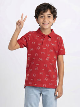 Allen Solly - Boys Red Print Collar Neck Polo T-Shirt