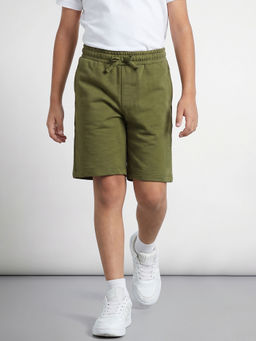 Allen Solly - Olive Cotton Slit Pocket Solid Shorts