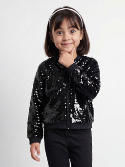 Allen Solly - Girls Black Sequinced Embellished Bomber Jacket