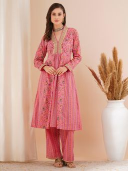 FASHOR - Ethnic Printed & Embroidered A-Line Panelled Kurta with Palazzo - Pink (Set of 2)