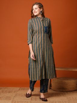FASHOR - Ethnic Floral Stripes Printed Straight Fit Kurta with Pant - Blue (Set of 2)