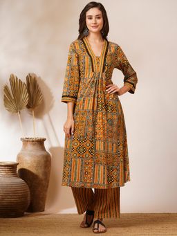 FASHOR - Ethnic Printed A-Line Pleated Kurta with Palazzo - Mustard (Set of 2)