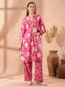 FASHOR - Abstract Floral Printed A-Line Kurta with Palazzo - Pink (Set of 2)