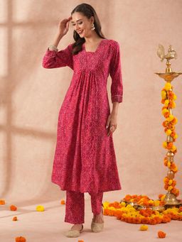 FASHOR - Ethnic Bandhani Foil Printed A-Line Kurta with Pant - Magenta (Set of 2)