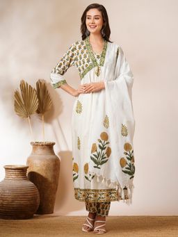 FASHOR - Floral Block Printed A-Line Pleated Kurta with Pant and Dupatta - White (Set of 3)