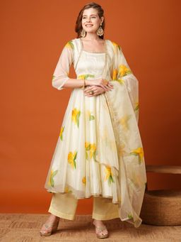 FASHOR - Floral Hand Painted A-Line Flared Kurta with Palazzo and Dupatta - Cream (Set of 3)