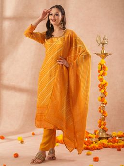 FASHOR - Leheriya Embroidered Straight Fit Kurta with Pant and Dupatta - Yellow (Set of 3)