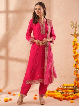 FASHOR - Embroidered & Embellished Straight Kurta with Pant and Dupatta - Pink (Set of 3)