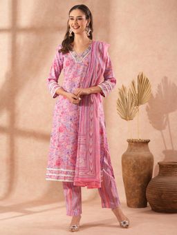 FASHOR - Floral & Hand Embroidered Straight Fit Kurta with Pant and Dupatta - Pink (Set of 3)