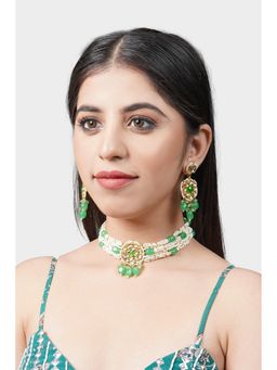 Auraa Trends - Women & Girls 22KT Gold Plated Kundan Classic Green Necklace Set