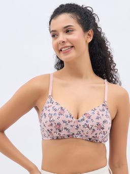 Clovia - Cotton Spandex Printed Lightly Padded Full Cup Wire Free T-shirt Bra - Peach