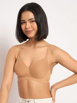 Clovia - Cotton Solid Lightly Padded Full Cup Wire Free Seamless Bonded T-shirt Bra - Beige