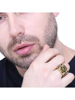 Yellow Chimes - Men Blue & Gold Antique AG Masonic Logo Stainless Steel Ring