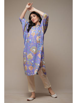 Biba - Womens Purple Printed Rayon Straight Kurta
