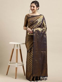 Odette - Navy Blue Festive Silk Blend Woven Design Saree with Unstitched Blouse