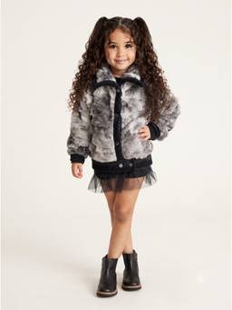 DDOUDDOU - Girls Grey and Black Faux Fur Winter Jacket with Front Pockets