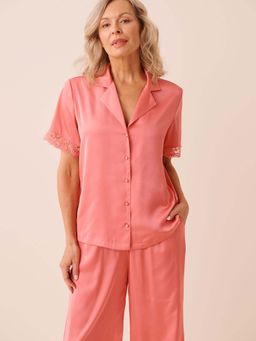 La Vie En Rose - Lace Trim Satin Button-Down Shirt