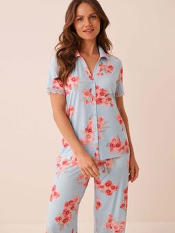 La Vie En Rose - Spring Blossom Print Lace Trim Button-Down Shirt