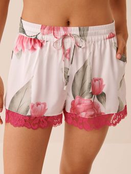 La Vie En Rose - Camellia Floral Printedmlace Trim Satin Shorts