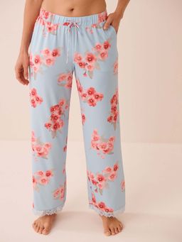 La Vie En Rose - Spring Blossom Print Lace Trim Pajama Pants