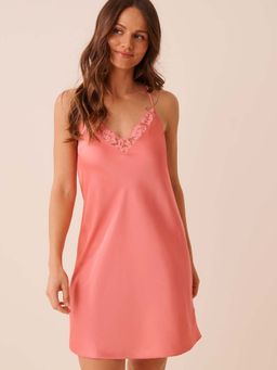 La Vie En Rose - Lace Trim Satin Night Dress