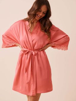 La Vie En Rose - Lace Trim Satin Kimono with Cover Up