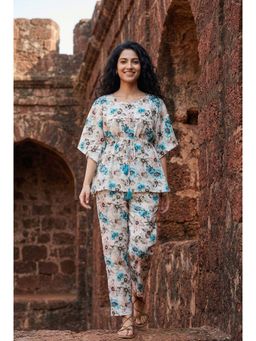 SAY - Multi-Color Round Neck Floral Print Pure Cotton Kaftan Night Suit for Women