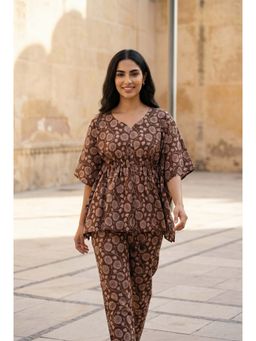 SAY - Green V-Neck Floral Print Pure Cotton Kaftan Night Suit for Women