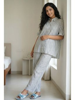 SAY - Grey Collar Neck Stripes Pure Cotton Night Suit for Women