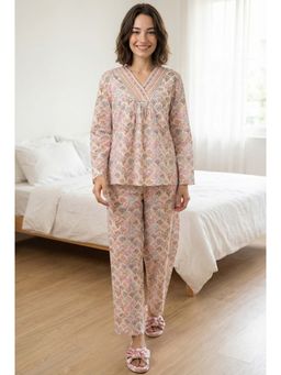 SAY - Off White V-Neck Floral Print Pure Cotton Night Suit for Women