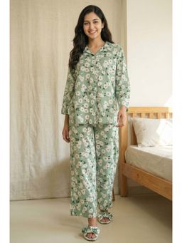 SANSKRUTIHOMES - Green Collar Neck Floral Print Pure Cotton Night Suit for Women
