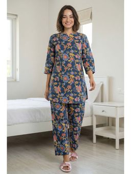 SAY - Navy Blue V-Neck Floral Print Pure Cotton Night Suit for Women